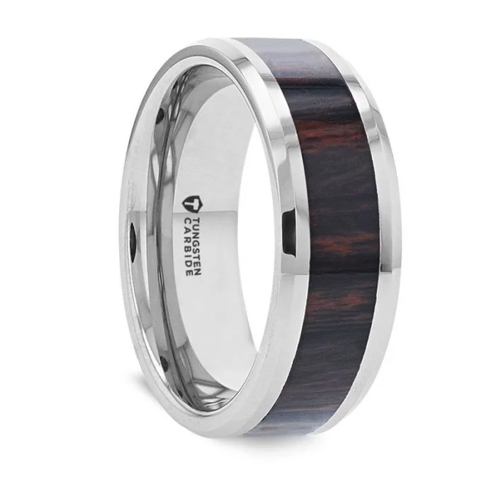 Vintage-inspired rings with diamonds-Mahogany Wood Inlay Tungsten Men's Wedding Band