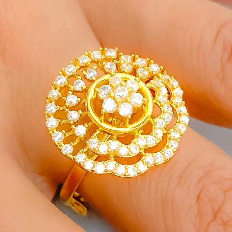 Statement rings for women-Stunning Curved Flower 22k Gold CZ Statement Ring