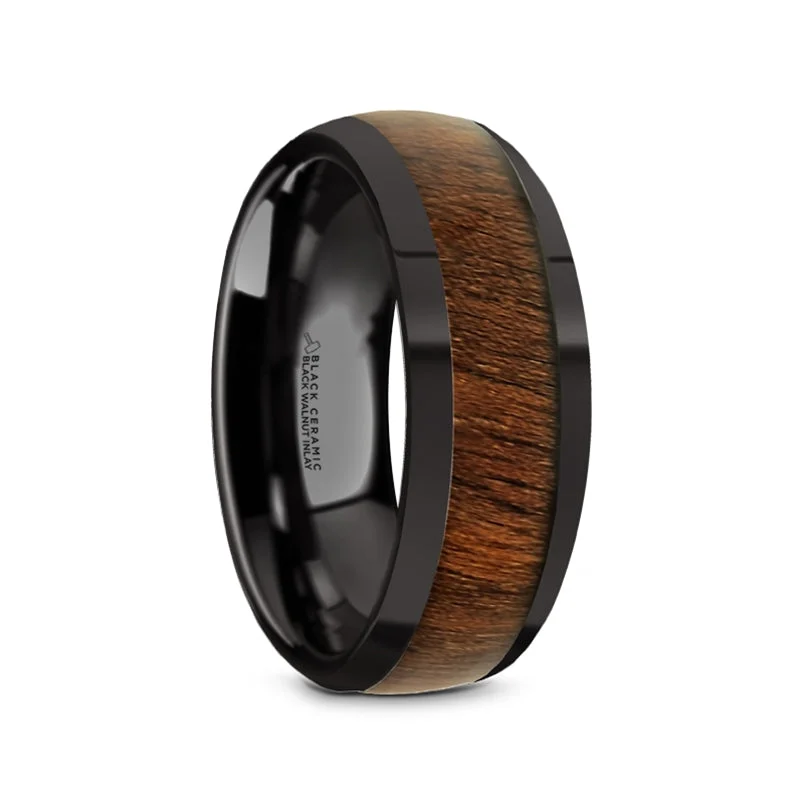 Affordable diamond rings with solitaire designs-Black Ceramic Men's Wedding Band with Black Walnut Wood Inlay