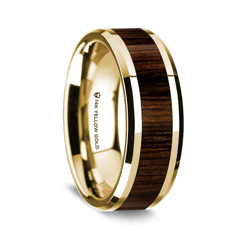 Luxury gold rings with gemstones-14k Yellow Gold Men's Wedding Band with Black Walnut Wood Inlay