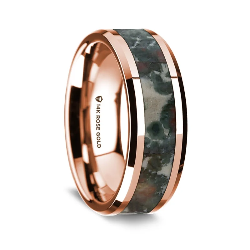 Wedding rings with diamonds and sapphires-14k Rose Gold Men's Wedding Band with Coprolite Inlay