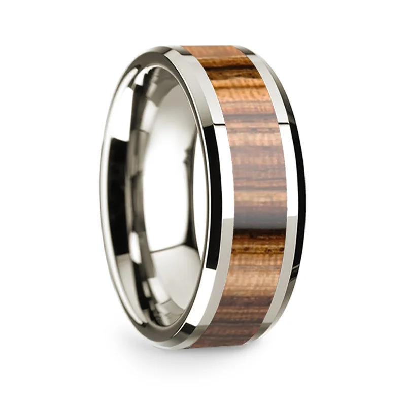 Bold statement rings for women-14k White Gold Men's Wedding Band with Zebra Wood Inlay