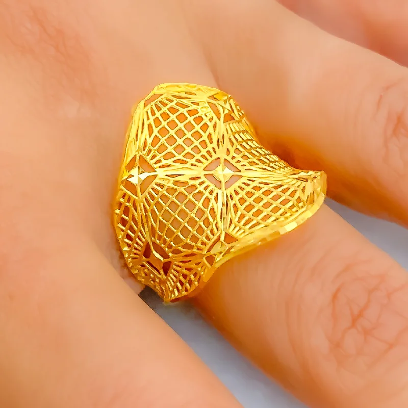 Affordable rings for bridesmaids-Elegant Floral Net 22k Gold Ring