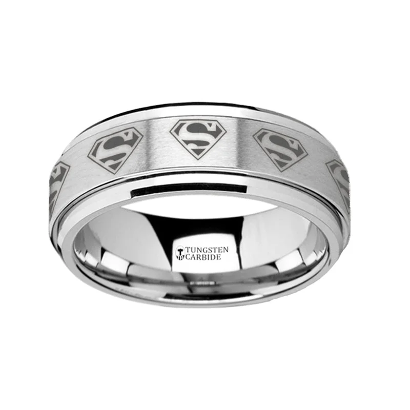 Stylish rings with colored diamonds-Superman Engraved Spinner Tungsten Wedding Band