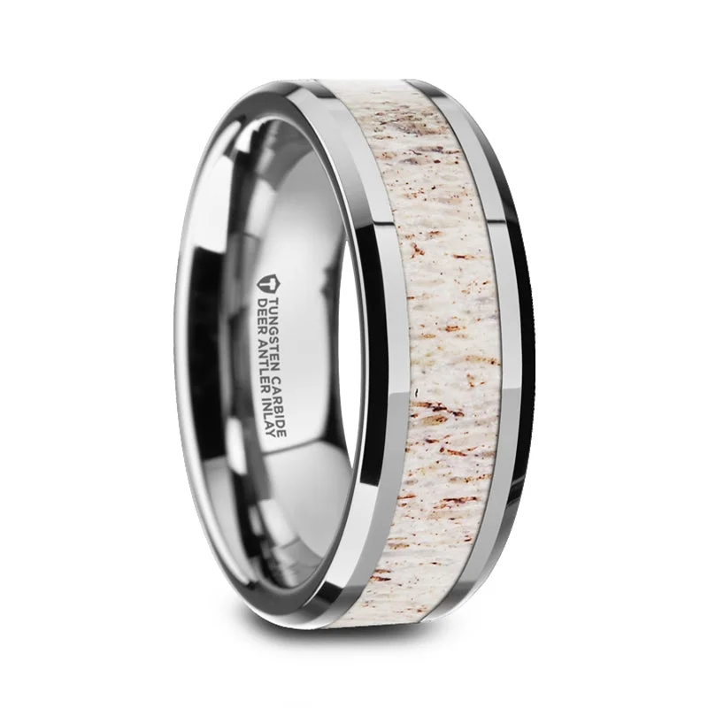 Custom-designed diamond rings-Tungsten Men's Wedding Band with Deer Antler Inlay