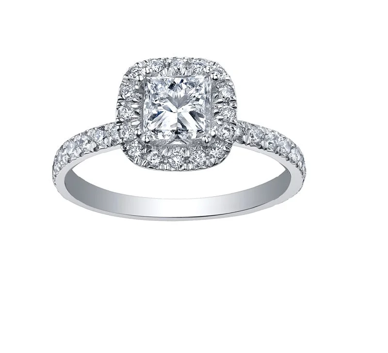 Beautiful engagement rings with princess cut diamonds-18kt White Gold 0.86cttw Princess Cut Canadian Diamond Center Halo Engagement Ring