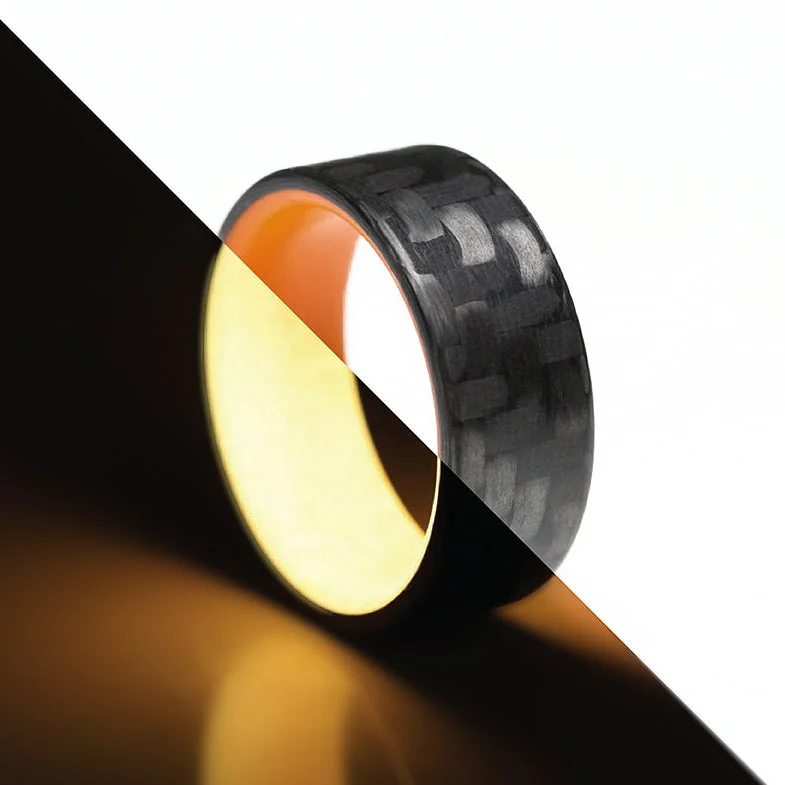 Unique gemstone rings for women-Orange Glow in the Dark Interior Carbon Fiber Men's Wedding Band