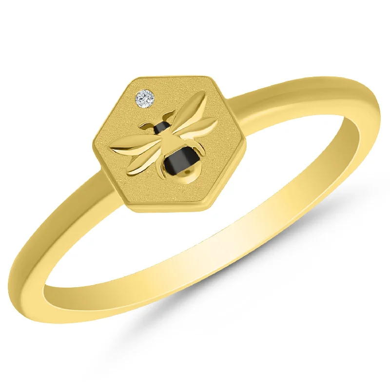 Unique engagement rings with cushion cut stones-Engraved Honeycomb Bee Diamond Ring in 10k Yellow Gold, 0.01 cttw