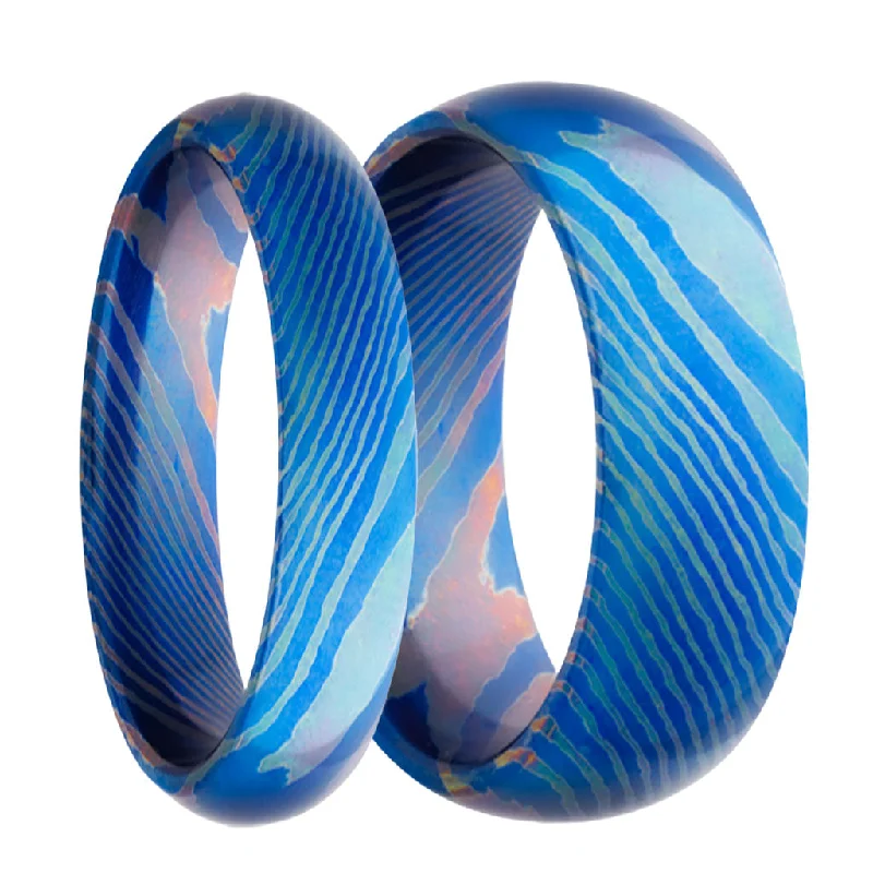 Custom rings with birthstones-Blue Mokume Gane Style Titanium Couple's Matching Wedding Band Set