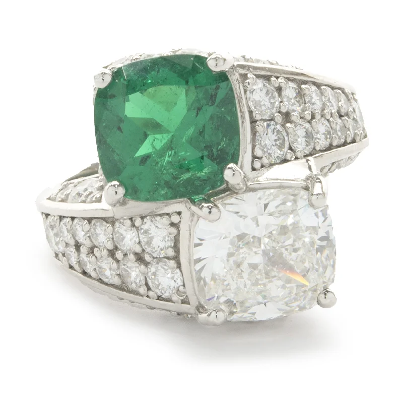 Designer engagement rings with intricate settings-Platinum Emerald and Diamond Pave Bypass Ring