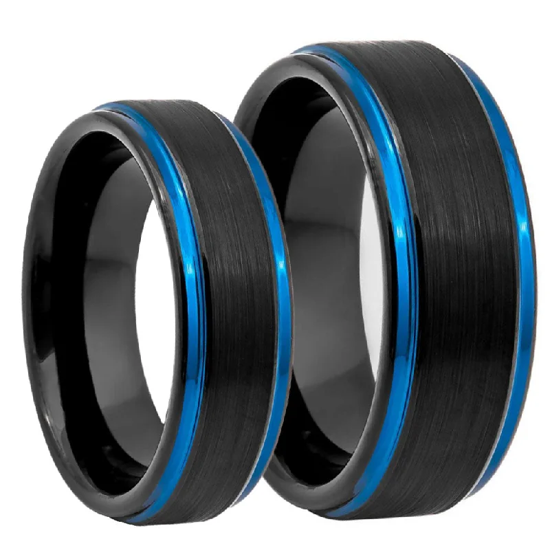 Sparkling rings with cubic zirconia-Black Brushed Tungsten Couple's Matching Wedding Band Set with Blue Edges