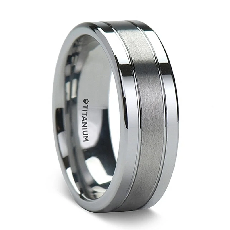 Custom wedding rings with engraving-Grooved Titanium Men's Wedding Band with Satin Center