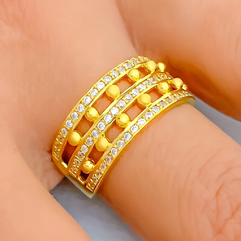 Wedding rings with diamonds and sapphires-Evergreen Striped 22k Gold CZ Ring