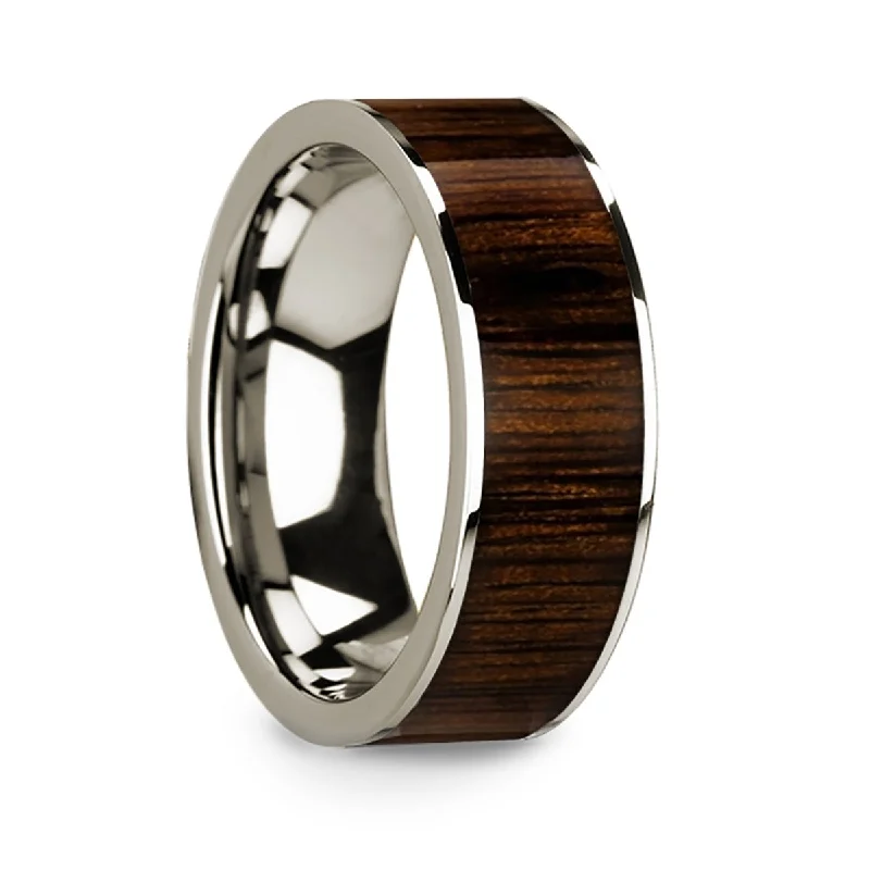 Wedding rings with diamonds and sapphires-Black Walnut Wood Inlay 14k White Gold Men's Wedding Band