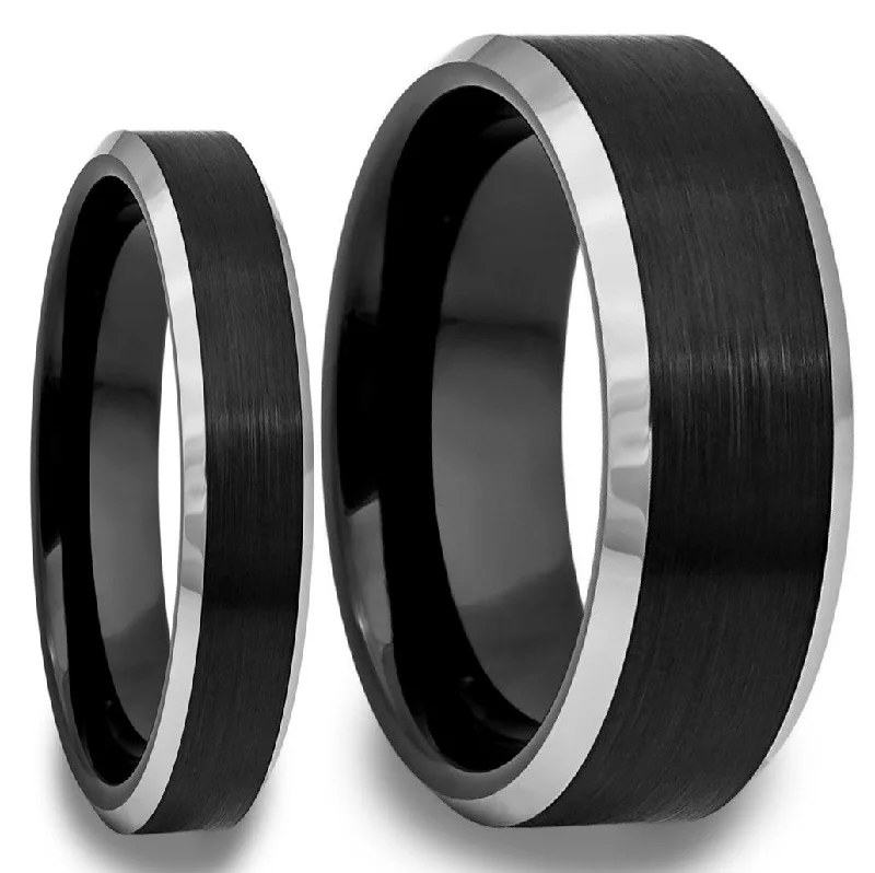 Stunning wedding bands for women-Contrasting Edge Brushed Black Tungsten Couple's Matching Wedding Band Set