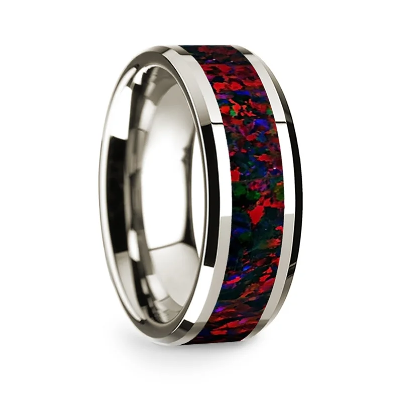 Personalized rings with names-14k White Gold Men's Wedding Band with Black & Red Opal Inlay