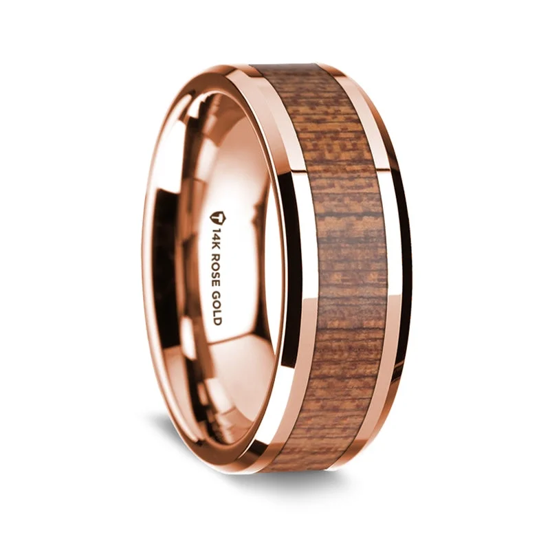 Stunning wedding bands for women-14k Rose Gold Men's Wedding Band with Sapele Wood Inlay