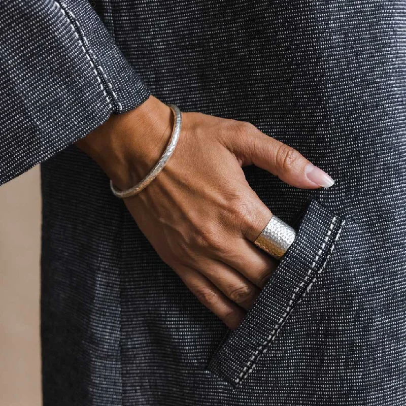 Trendy bracelets with leather bands-Hammered Cuff Bangle - Sterling Silver