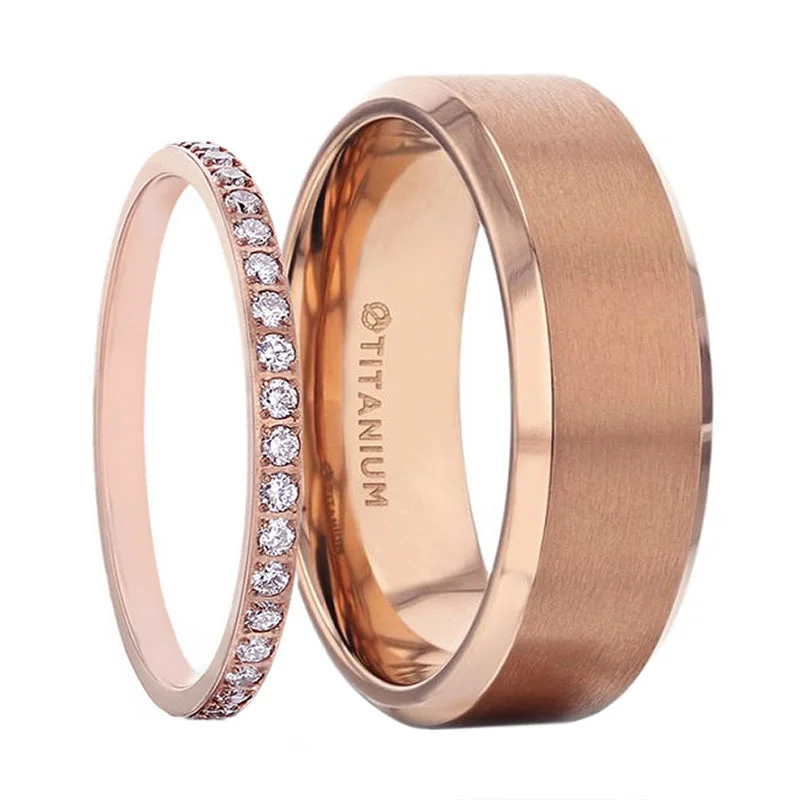 Gorgeous rose gold rings for women-Rose Gold Titanium Couple's Matching Wedding Band Set