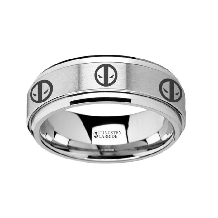 Unique gemstone rings for women-Deadpool Symbol Engraved Tungsten Spinner Wedding Band