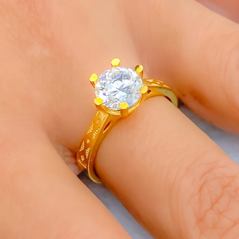 Sparkling solitaire rings for women-Upscale Evergreen 22k Gold CZ Ring w/ Solitaire