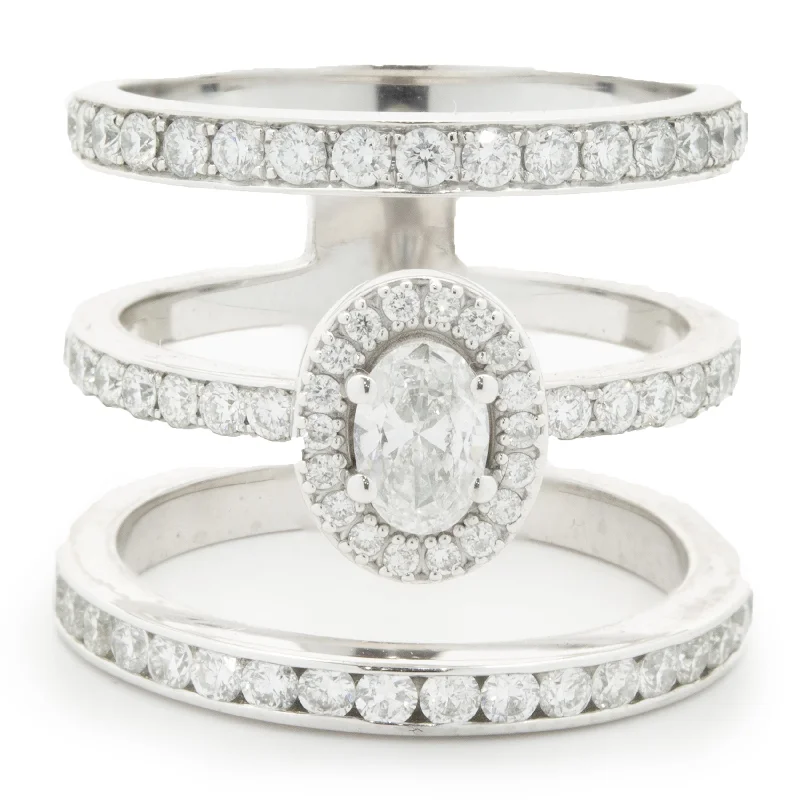 Affordable engagement rings with natural diamonds-14 Karat White Gold Diamond Three Row Ring with Oval Centerpiece