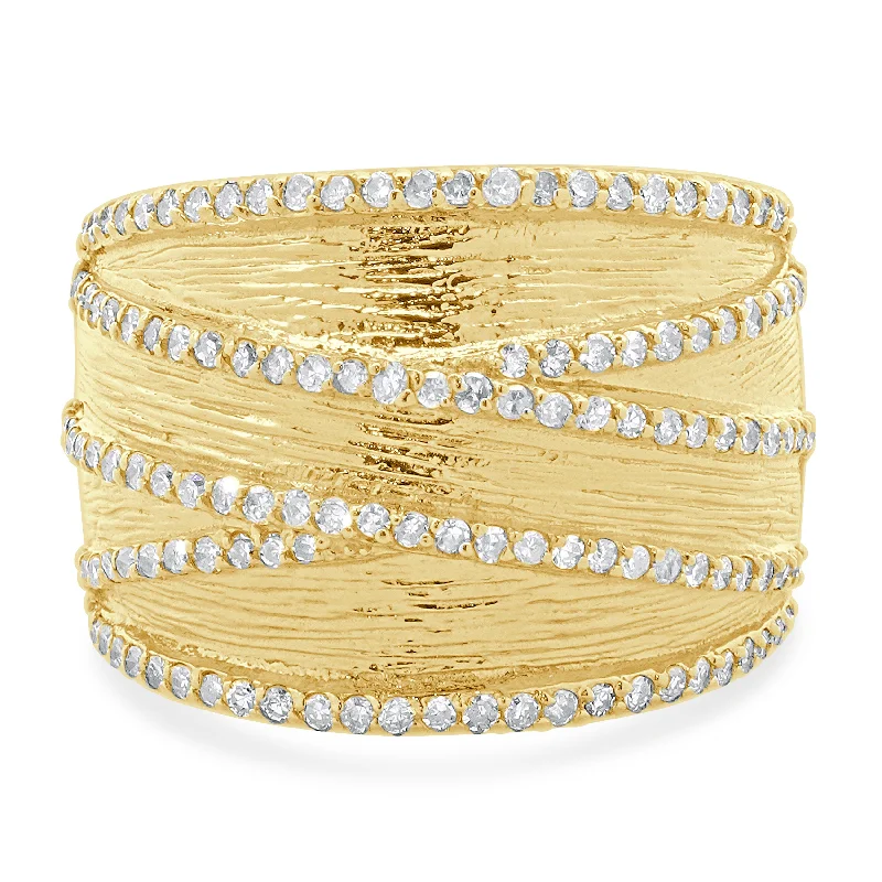 Elegant engagement rings with oval diamonds-14 Karat Yellow Gold Textured Wide Diamond Crossover Band