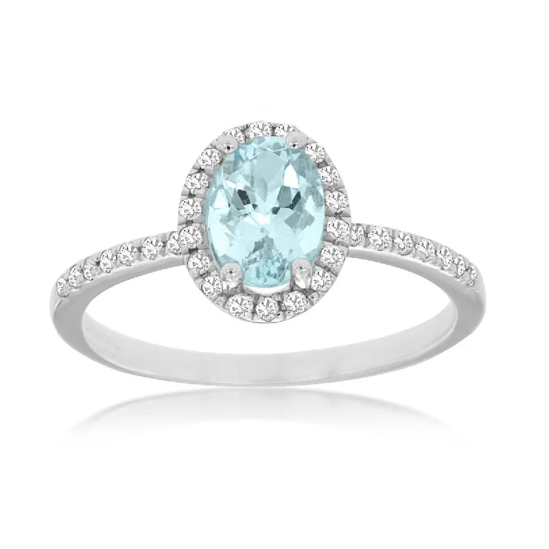 Classic princess cut engagement rings-Oval Blue Aquamarine Diamond Halo Pave Band Ring in White Gold