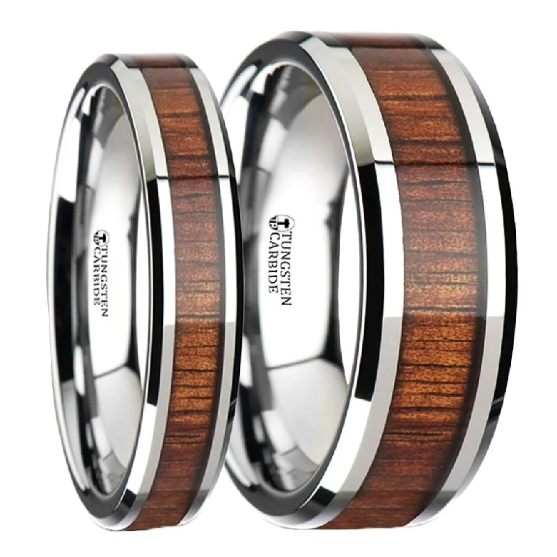 Personalized rings with names-Koa Wood Inlaid Tungsten Carbide Couple's Matching Wedding Band Set