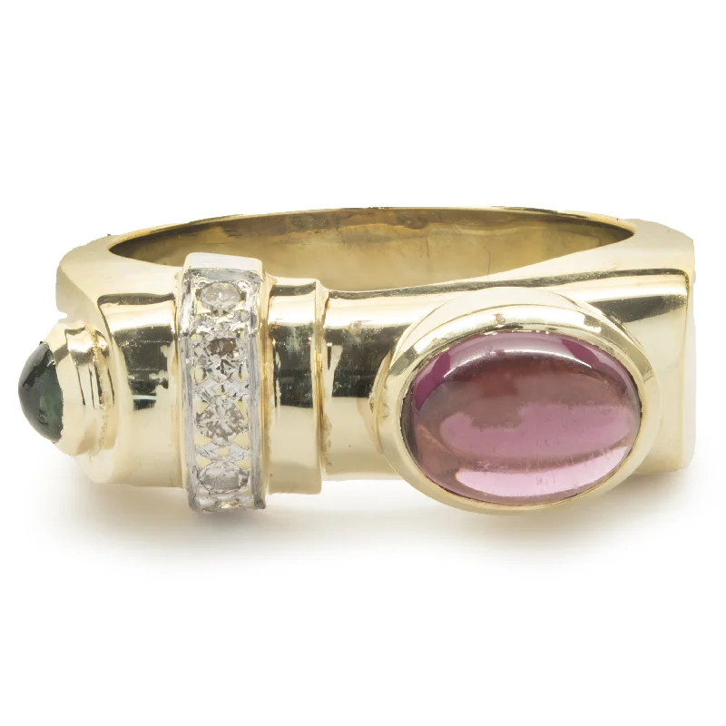 Timeless engagement rings with round diamonds-14 Karat Yellow Gold Diamond and Pink / Green Tourmaline Geometric Ring