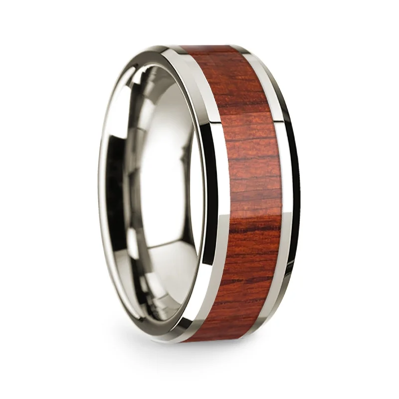 Silver rings with diamond accents-14k White Gold Men's Wedding Band with Padauk Wood Inlay