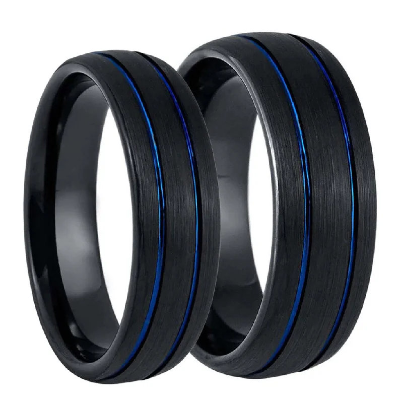 Wedding rings with diamonds and sapphires-Domed Black Tungsten Couple's Matching Wedding Band Set with Dual Blue Grooves