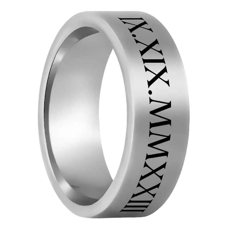 Stylish rings with colored diamonds-Roman Numeral Date Tungsten Men's Wedding Band