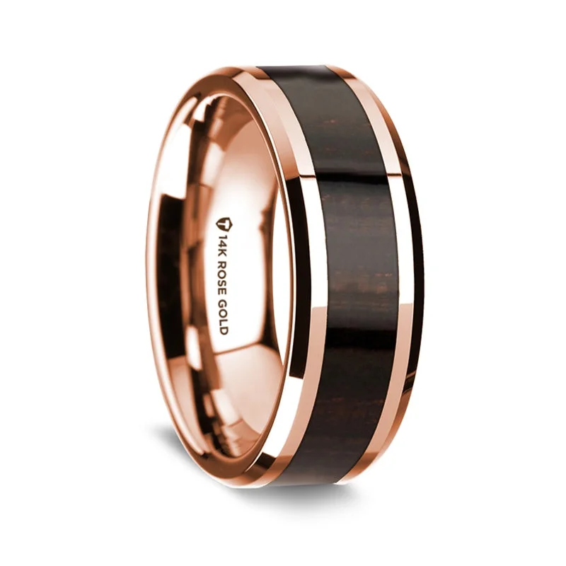 Stunning rings with pink sapphires-14k Rose Gold Men's Wedding Band with Ebony Wood Inlay