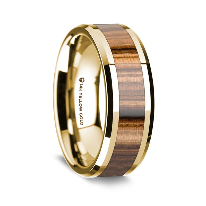 Gold rings for everyday wear-Zebra Wood Inlay 14k Yellow Gold Men's Wedding Band