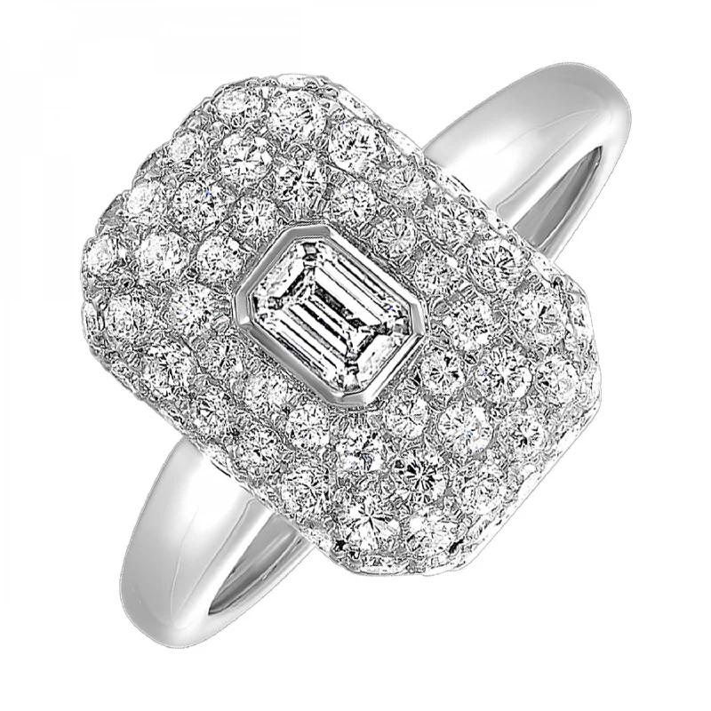 Luxury engagement rings with emeralds-Opulent White Gold Bezel Set Emerald Cut Cushion Diamond Ring, 1.0cttw