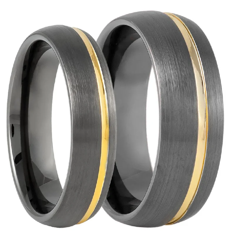 Elegant platinum rings for women-Gunmetal Tungsten Couple's Matching Wedding Band Set with Asymmetrical Gold Groove