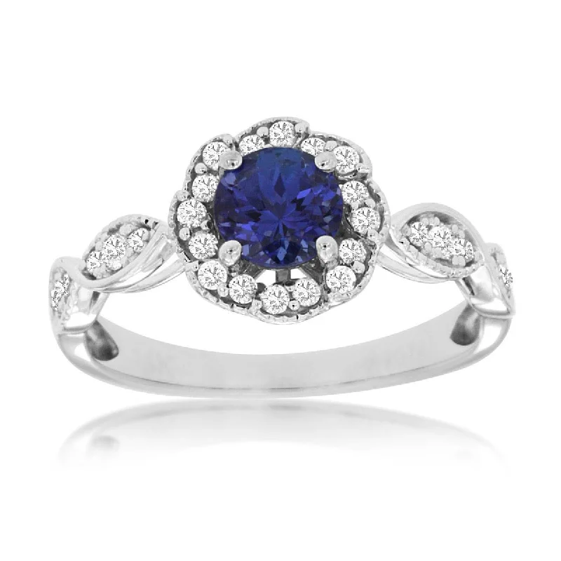 Stunning engagement rings with aquamarine stones-Round Tanzanite Diamond Halo Ring with Marquise Diamond Band in White Gold