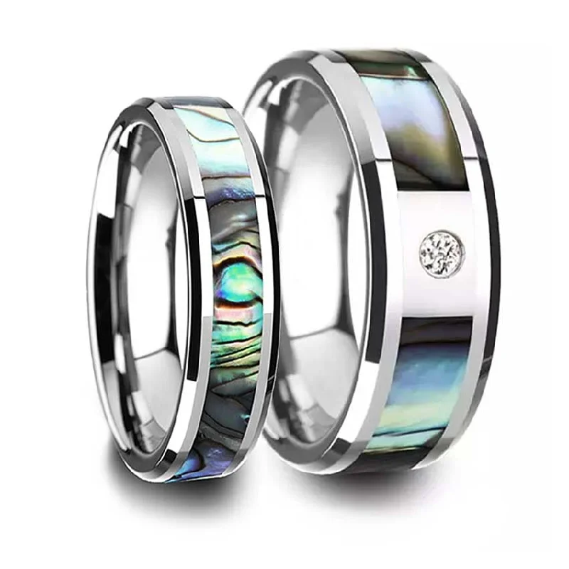 Unique rings with emerald stones-Mother of Pearl Inlay Tungsten Couple's Matching Wedding Band Set