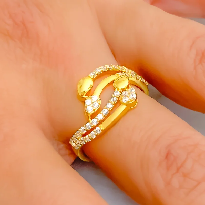 Contemporary rings for women-Stylish Flowy 22k Gold Trendy CZ Ring