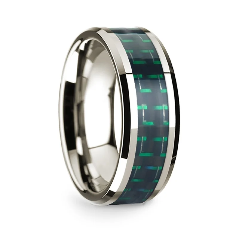 Wedding rings with diamonds and sapphires-14k White Gold Men's Wedding Band with Black & Green Carbon Fiber Inlay