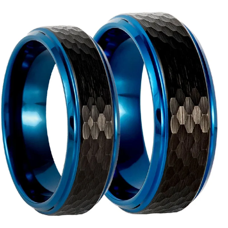 Classic rings with round-cut diamonds-Hammered Black Tungsten Couple's Matching Wedding Band Set with Blue Edges