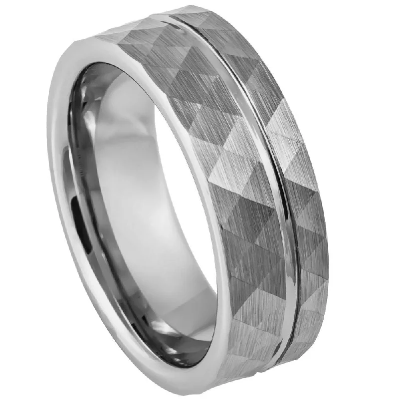 Rose gold rings for women-Faceted Asymmetrical Grooved Tungsten Men's Wedding Band