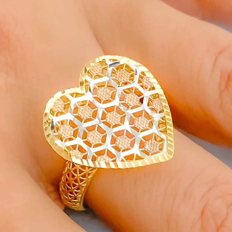 Unique rings with emerald stones-Three-Tone Checkered Heart 22K Gold Ring