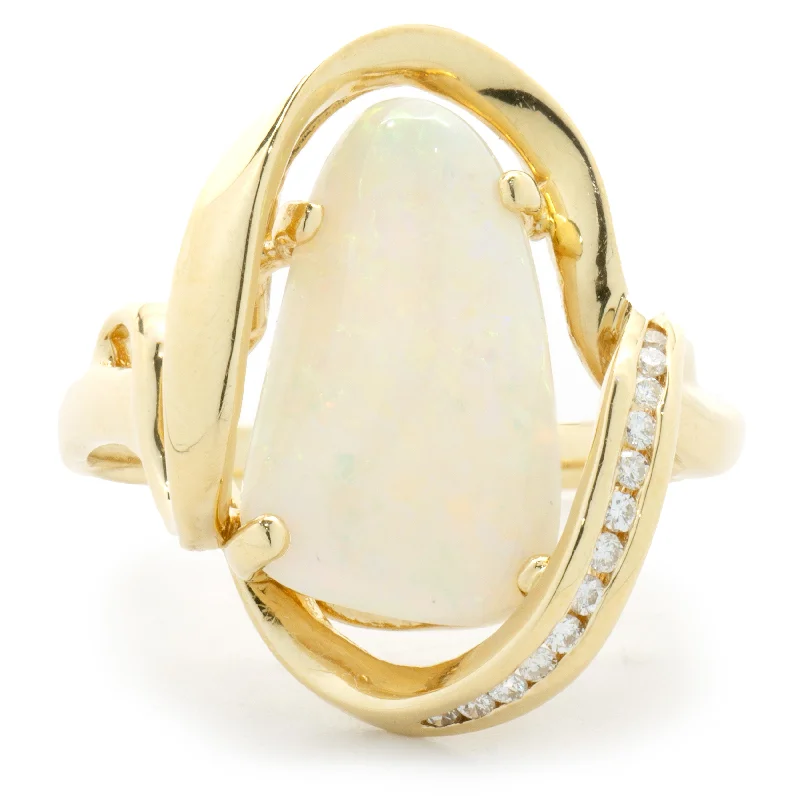 Elegant engagement rings with emerald-cut stones-18 Karat Yellow Gold Opal and Diamond Freeform Ring