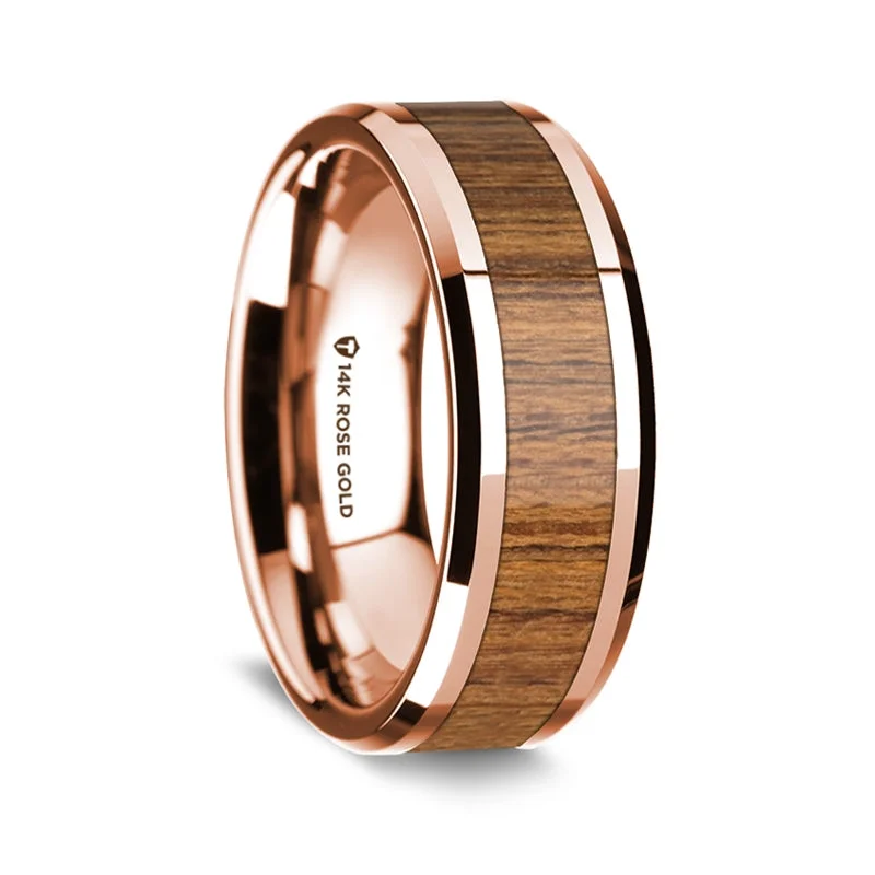 Custom-designed diamond rings-14k Rose Gold Men's Wedding Band with Teak Wood Inlay