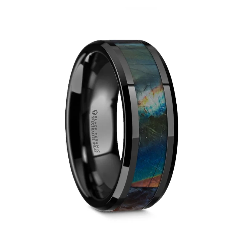 Luxury rings with topaz gemstones-Black Ceramic Men's Wedding Band with Spectrolite Inlay