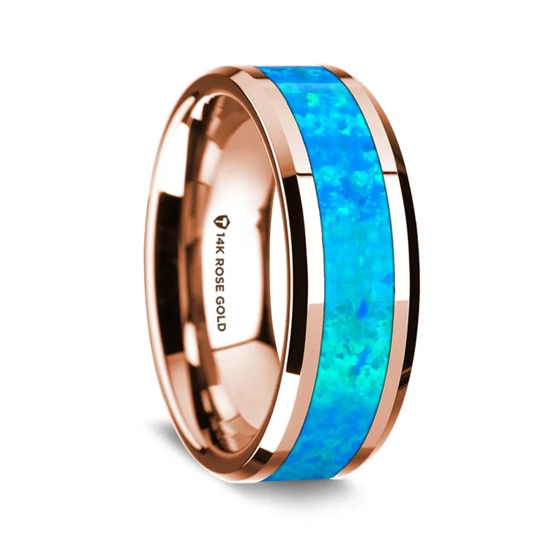 Stunning gold engagement rings-14k Rose Gold Men's Wedding Band with Blue Opal Inlay