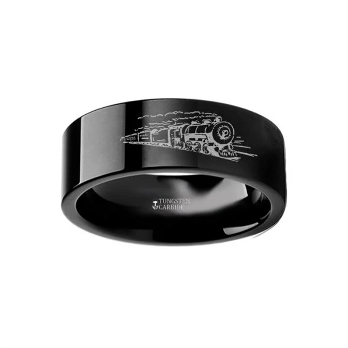 Stunning engagement rings with diamonds-Train & Railroad Black Tungsten Men's Wedding Band