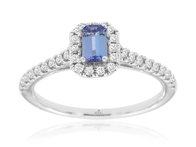 Elegant engagement rings with mixed gemstones-Emerald Cut Blue Tanzanite Diamond Halo Ring in 14k White Gold